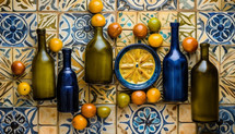 Background colored bottles with fruit with Sicilian decorations. AI generative
