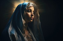 Portrait of Mother Mary in a blue veil over dark background