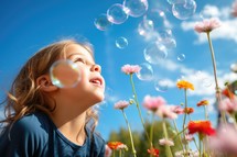 Little girl blowing soap bubbles in the field with flowers on blue sky background