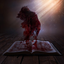 a woman soaked in blood floating above the pages of a Bible 