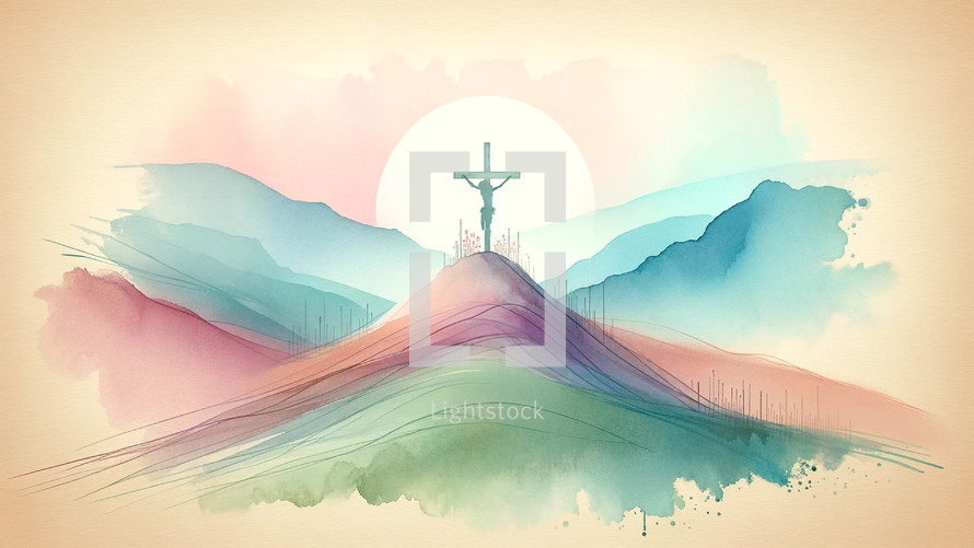 Christ on Calvary at Sunset in Watercolor
