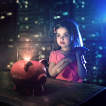 A little girl looks at her piggy bank with a hammer in hand