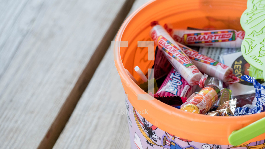 A Halloween themed candy bucket