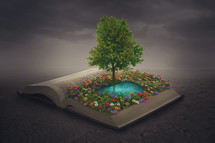flowers around a pond on a Bible 