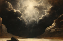 Mystical landscape with clouds and sunlight