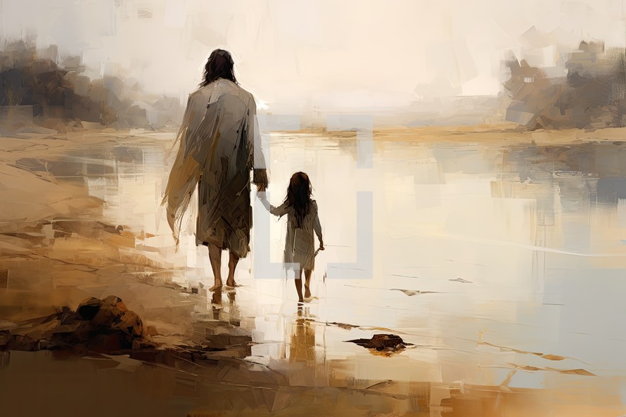 Jesus walking with a little girl on the river bank. Digital painting illustration.