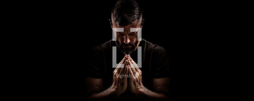 Portrait of a man praying over black background with copy space. Hands folded in prayer.