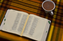 Bible and coffee mug on a plaid table cloth