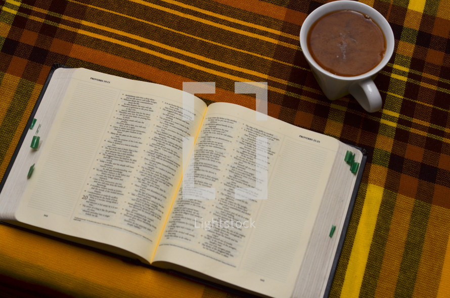 Bible and coffee mug on a plaid table cloth