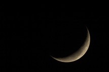 A thin crescent moon in the night sky