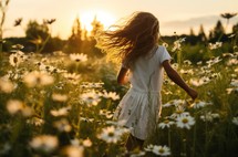 A girl running through a chamomile field at dawn, capturing the beauty of nature and the serenity of early morning