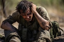 Exhausted male emergency doctor in Southern Territories under military conditions. Despair and fatigue evident in his posture