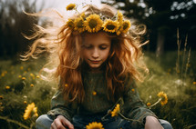 Close-up of an 8-year-old girl with dandelions in her hair crafting a wreath while seated in a field