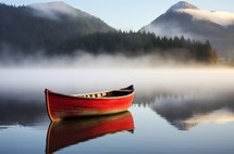 Red boat on a foggy morning lake with mountains in the background