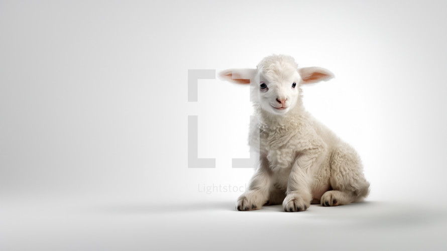 A cute lamb sitting down against a white background