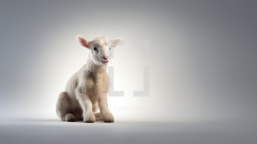 A lamb sits down against a studio background