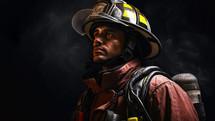 Portrait of a firefighter in a fire fighting suit on a dark background.