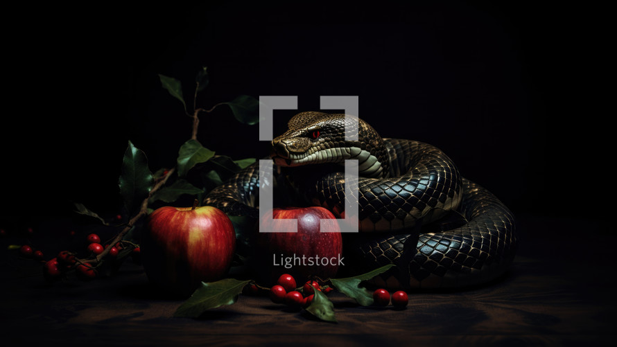 The original sin, the forbidden fruit. Snake and red apples on wooden table on black background