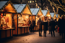 A Christmas market adorned with small tents and festive lights, where people gather to immerse themselves in the Christmas spiri