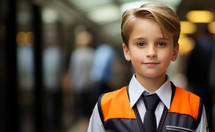 Boy in postman uniform gazes into the distance against a blurred background