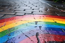 A rainbow drawn on wet city asphalt after rain, showcasing the intricate details of this colorful pavement artwork