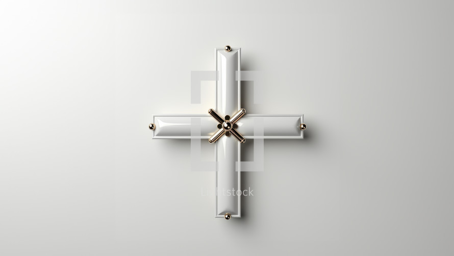 A modern small cross in white ceramic and gold metal material. Set against a white studio background,