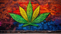 Spray painted marijuana leaf on a brick wall. 