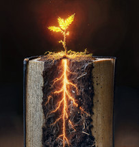 A small plant is rooted inside of the pages of the Bible.