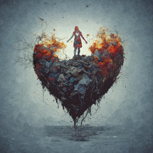 A heart made out of garbage with the silhouette of a woman.