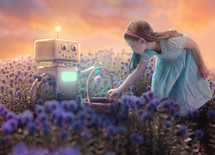A little girl picking flowers with a robot in a field.