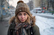 A girl, dressed in a hat and a colorful scarf, stands on a snowy street in 40-degree weather. Her frozen eyebrows and eyelashes vividly depict the harshness of winter