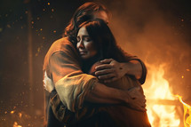 Jesus hugs woman tightly in a fire.