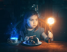 A little girl holds up the sun on her fork