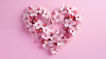Pink flowers in the shape of a heart on a pink background.