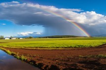 A field with a rainbow in the sky following a rainfall