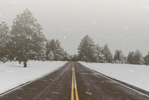 snow falling on a winter road 