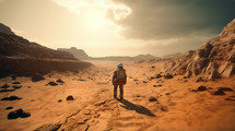 A man in a spacesuit walking on mars. 