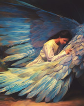 A woman finds safety inside a large feathered wing.