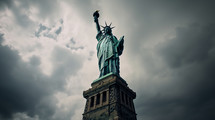 A low angle of the statue of liberty with dark clouds in the background. 