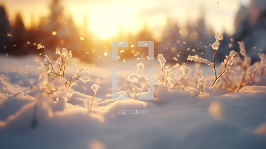 Falling snow background at sunset. 