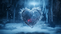 Frozen red heart on ice with glowing inside. 