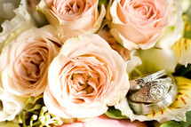 wedding rings and wedding bouquet 