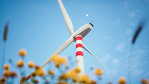 Clean energy concept with wind turbine generator over flowers