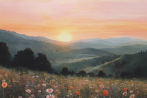 The sun rising over a field of wildflowers in a painting style
