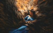 Woman rests inside a large feathered wing.