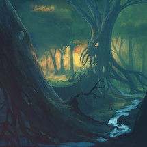 Digital illustration of a man walking through a scary forest