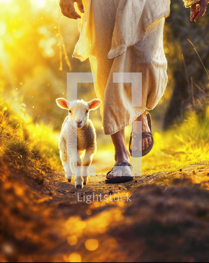 Lamb walking beside Jesus