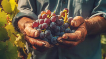 Hand touch Bunches of red wine grapes vineyard. AI Generative