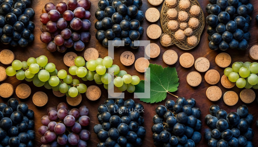 Composition with organic bunches of grapes. AI generative