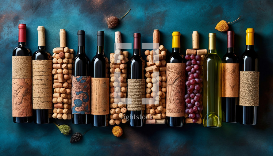 Wine bottles background with cork labels. AI generative